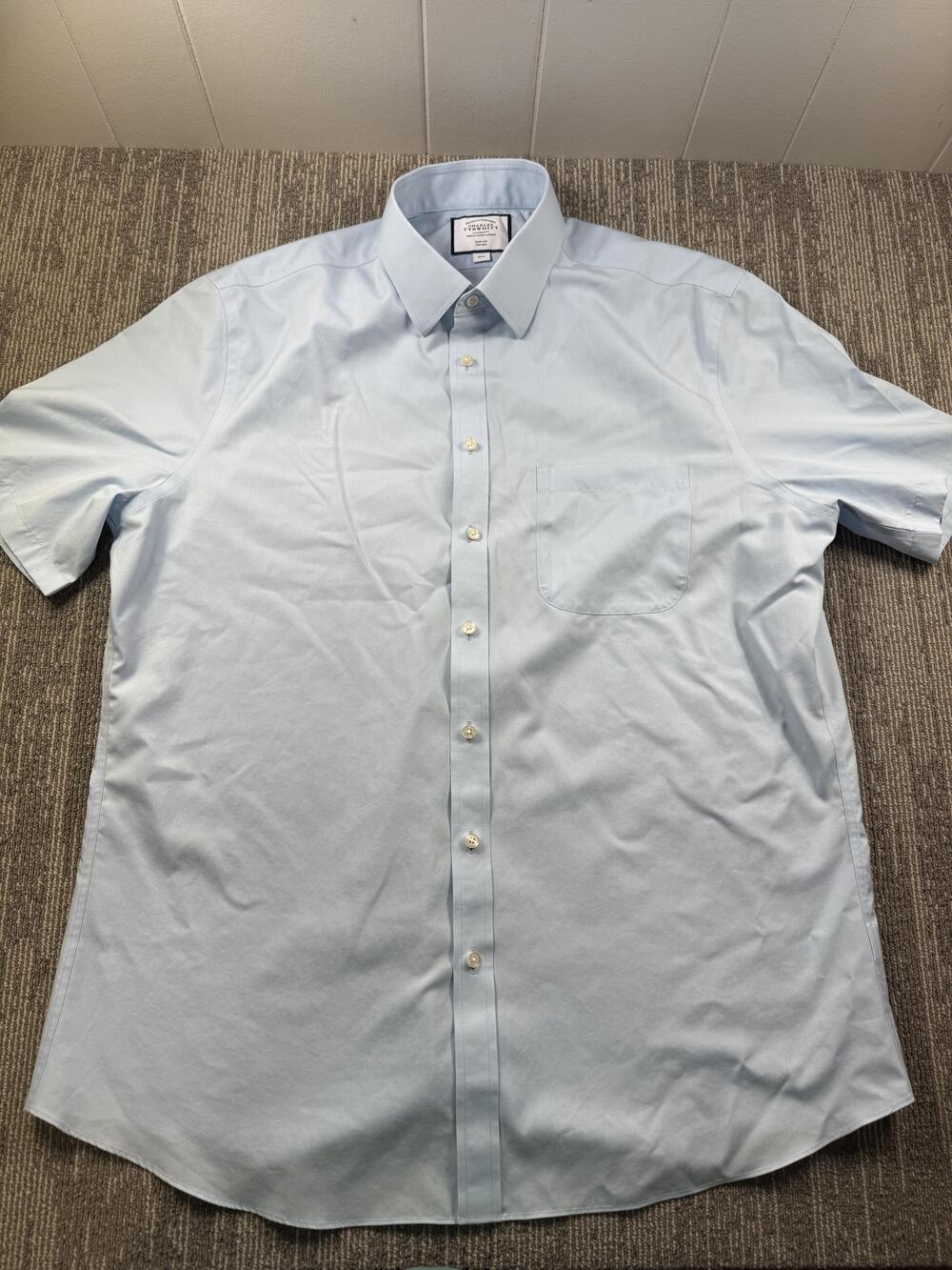 Charles Tyrwhitt Dress Shirt Mens 18 Blue Solid Slim Fit Non Iron Short Sleeve